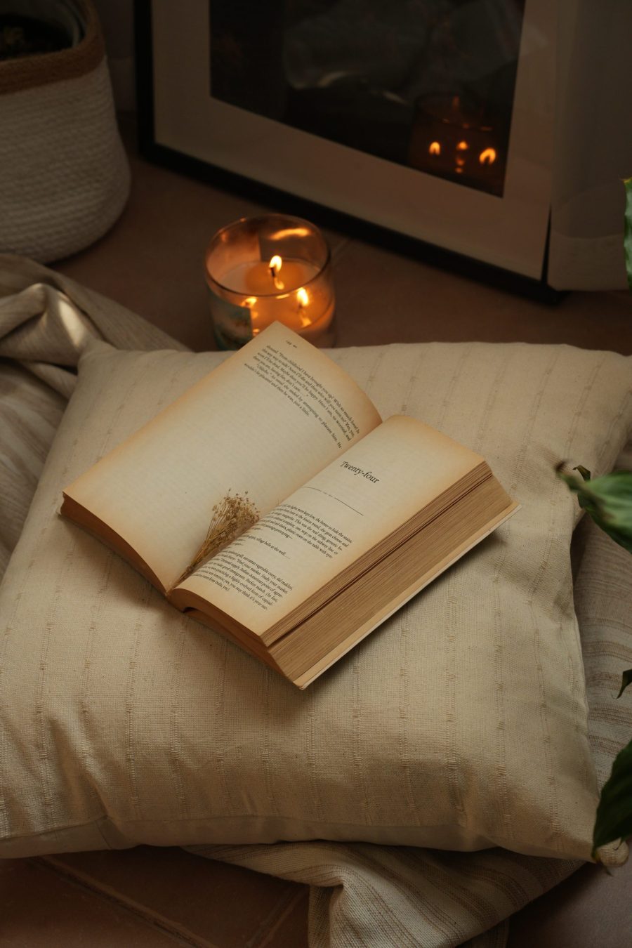 a book on an oatmeal cushion cover