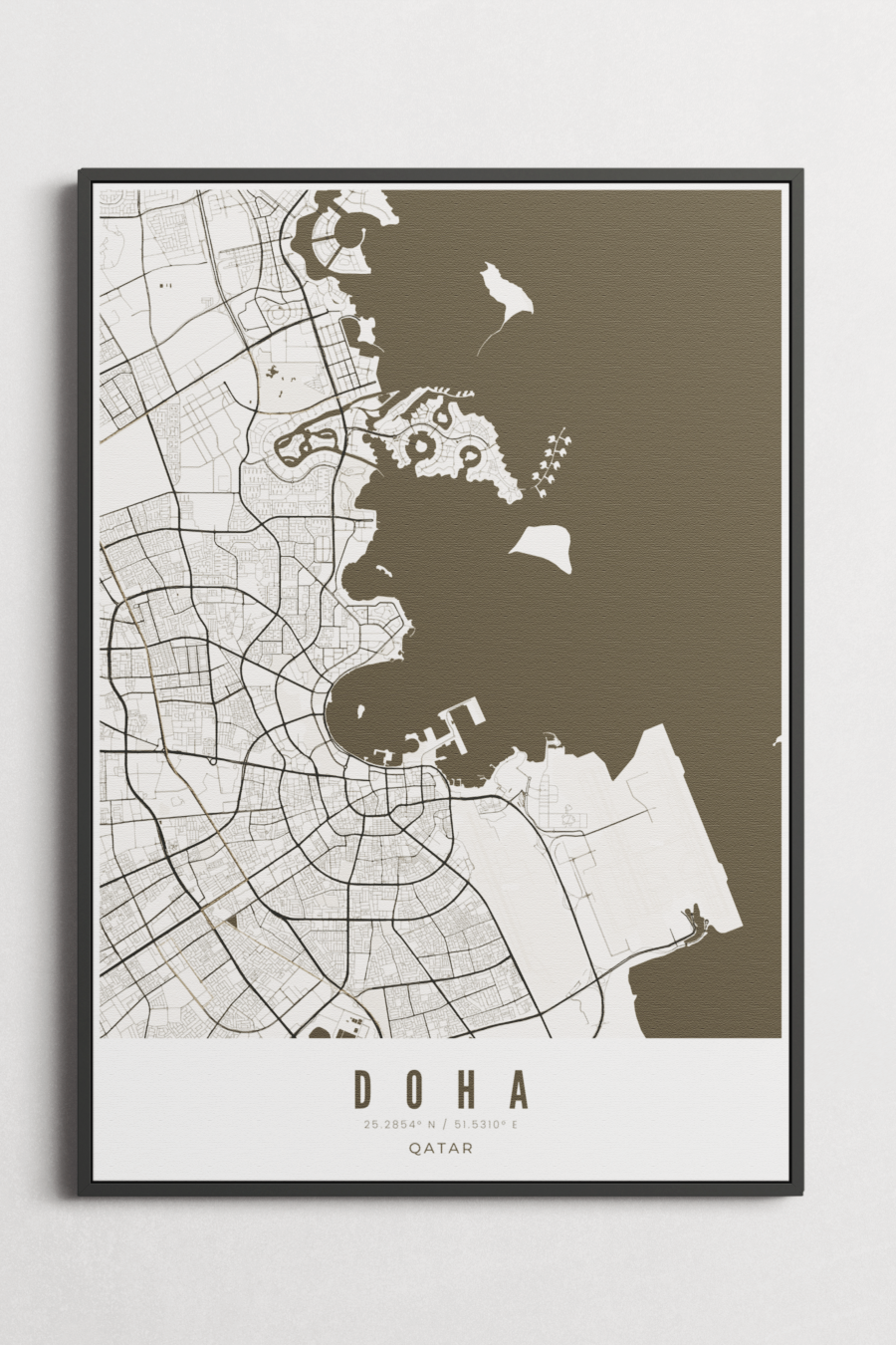 Doha City Map on Canvas - Black/White - Multiple Sizes/Frames