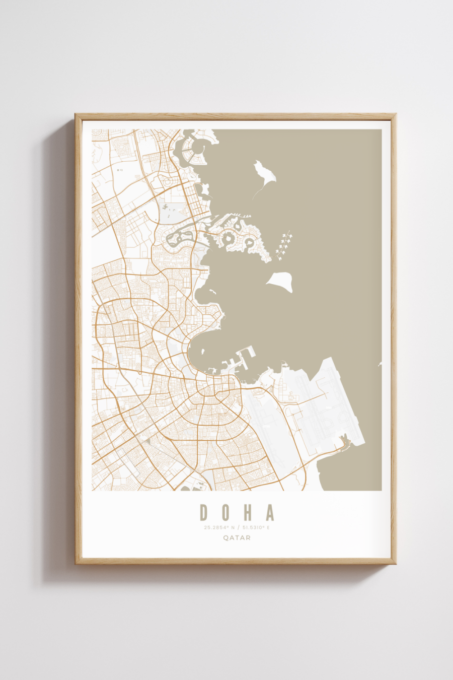 Doha City Map - Sand - Multiple Sizes/Frames