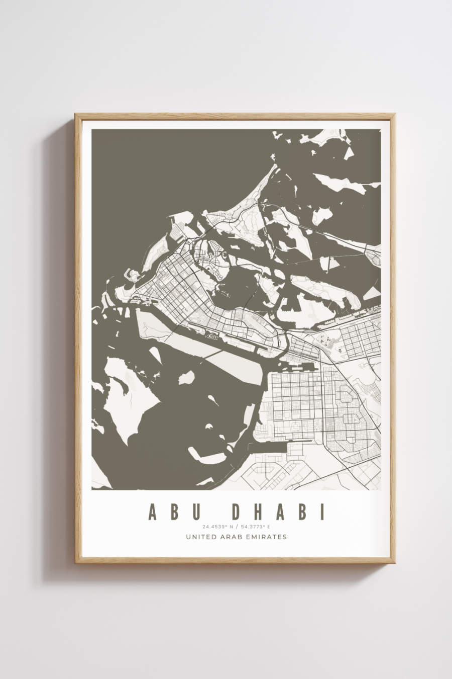 Abu Dhabi City Map - Black & White- Multiples Sizes/Frames